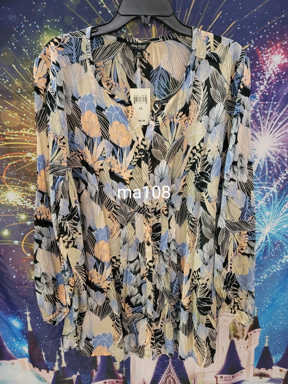 Lucky Brand Black Floral V-Neck Blouse with Blue and Peach Accents